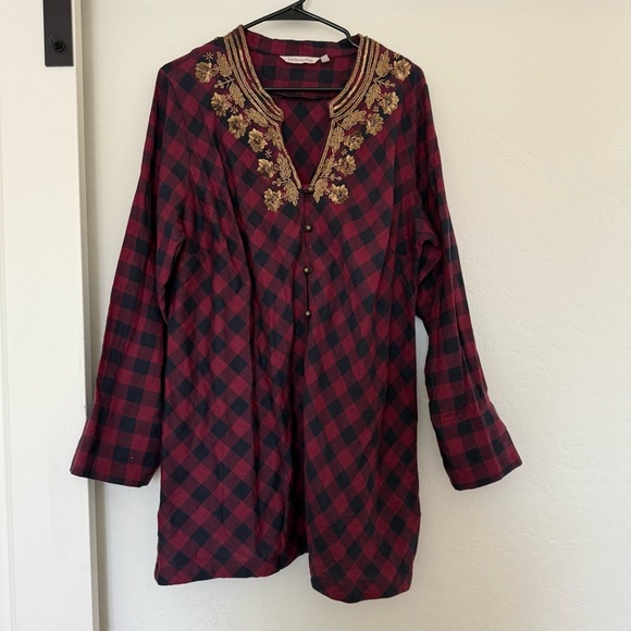 Soft Surroundings Webster Embellished Tunic Top Plaid Gold Beaded Floral Button - Picture 1 of 4